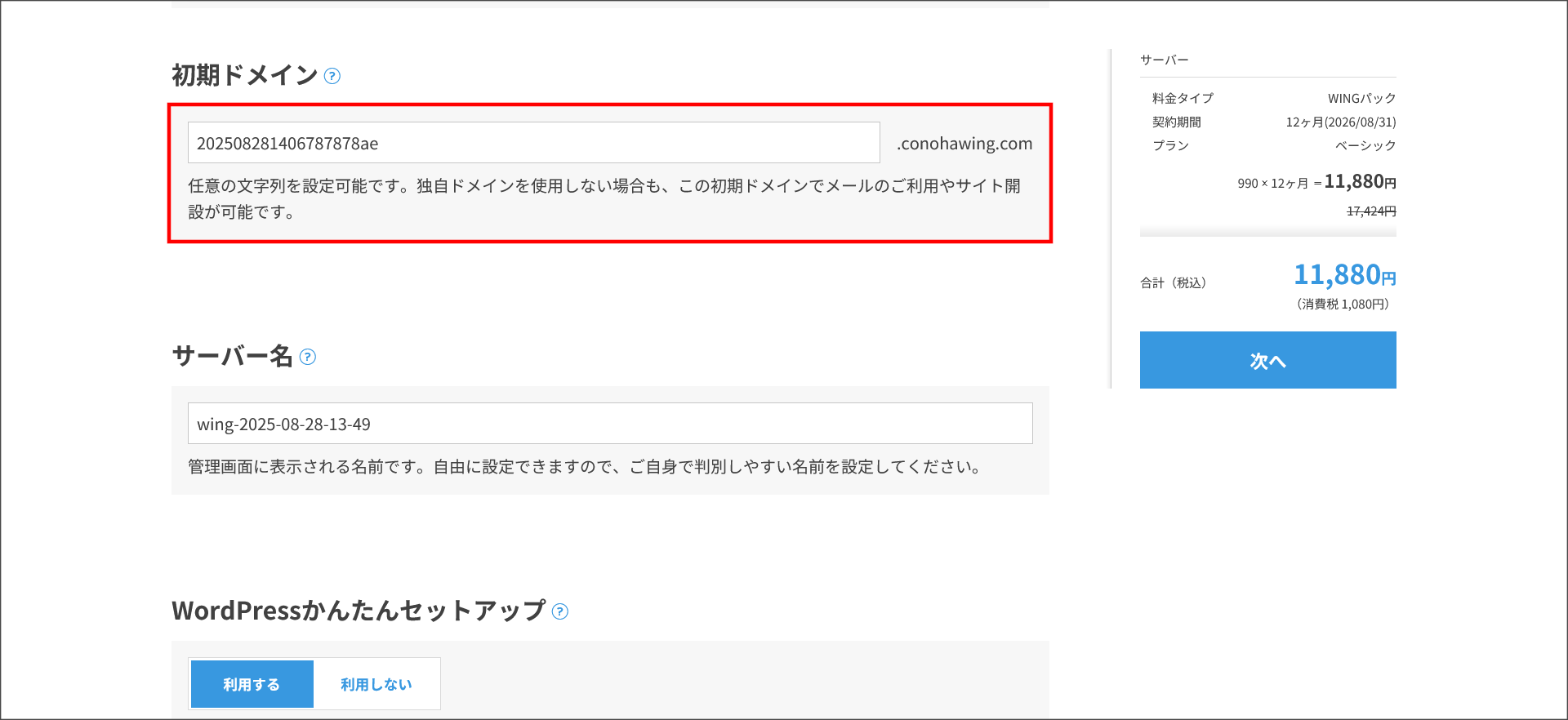 Conoha WINGの初期ドメイン設定画面